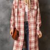 Red Plaid Print Button Long Shacket