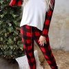 Red Plaid Raglan Sleeves Top And Drawstring Pants Lounge Set