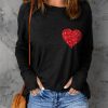 Black Heart Shape Glitter Pattern Print Long Sleeve Top