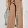 Khaki Elastic Smocked Waist Wide Leg Casual Pants