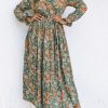 Green Pleated Long Sleeve Maxi Floral Dress With Tie