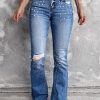 Blue Acid Wash Beaded Ripped High Waist Flare Jeans