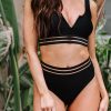 Black Mesh Trim High Waisted Bikini Swimsuit