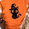 Orange Black Cat Graphic Print Short Sleeve T Shirt