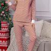 Red Split Neck Striped Button Christmas Lounge Set With Contrast Trim