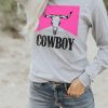 Gray COWBOY Steer Skull Color Block Long Sleeve Top