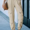 Beige Pleated Zipper Drawstring High Waist Joggers