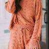 Orange 2pcs Scalloped Long Sleeve Sweater And Shorts Set