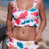 White Tie Dye Scoop Neck Ruffle Trim Two Piece Swimsuit