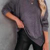 Gray Waffle Knit Side Slit Pullover Top