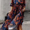 Orange V Neck Wrap Pleated Maxi Floral Dress With Tie