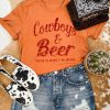 Orange Cowboys & Beer Letter Print Short Sleeve T Shirt