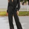 Black V Neck Wrap Waist Tie Long Sleeve Jumpsuit