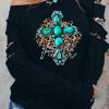 Black Faith Turquoise Graphic Leopard Cutout Sleeve Sweatshirt