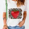 White Strawberry Leopard Pattern Print Crew Neck T Shirt