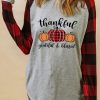 Gray Thankful Letter Pumpkin Print Plaid Color Block Top