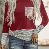 Stripe/Camo/Pink Stripe Pocket Sequins Splicing Long Sleeve O-neck Top