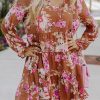 Brown Floral Print Drawstring V Neck Ruffled Babydoll Mini Dress