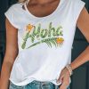 White Aloha Flower Leaf Graphic Print Ripped Crewneck T Shirt