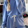 Blue Ribbed Texture Pullover And Drawstring Shorts Lounge Set