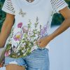 White Floral Print Mesh Patchwork V Neck Short Sleeve T Shirt