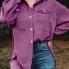 Purple Solid Pocket Long Sleeve Button-up Shirt