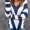 Blue Striped Colorblock V Neck Knitted Sweater