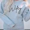 Gray Wifey Embroidered Crewneck Pullover Sweatshirt