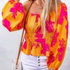 Yellow Floral Print Off Shoulder Puff Sleeve Blouse