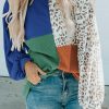 Blue Leopard Patchwork Color Block Ribbed Long Sleeve Top