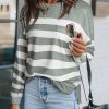 Gray Stripe Striped Print Pocketed Long Sleeve Top With Slits