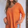 Orange Distressed Seam Trim Waffle Knit Top