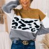 Gray Color Block Leopard Splicing Sweater