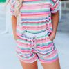 Multicolor Striped Roll-up Tee And Shorts Set