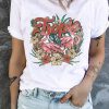 White Tropic Flamingo Floral Graphic Print Crewneck T Shirt