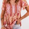 Floral Print Drawstring Buttoned V Neck Blouse