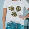 White Palm Leaves Pattern Print Ripped Short Sleeve T Shirt