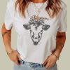 White Western Leopard Cow Head Graphic Print Short Sleeve T Shirt