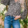 Black Floral Print V Neck Long Puff Sleeve Top