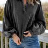 Black Washed Snap Buttons Lantern Sleeve Pullover Sweatshirt