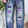 Sky Blue Butterfly Glitter Patchwork Acid Wash Distressed Jeans