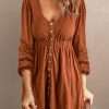 Brown Button Up High Waist Long Sleeve Dress