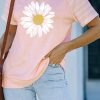 Pink Daisy Printed Striped Short Sleeve Crewneck T Shirt