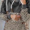 Animal Print Splicing Cowl Neck Drawstring Hoodie