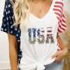 White USA Flag Leopard Print Color Block V Neck Top