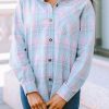 Pink Collared Neckline Plaid Pattern Long Sleeve Shirt