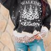 Black Walking Winter Leopard Graphic Color Block Sweatshirt