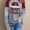 Gray Christmas Hat Graphic Buffalo Plaid & Stripe Long Sleeve Top