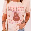 Pink MUSIC CITY Guitar Graphic Print Crew Neck T Shirt