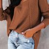 Brown Waffle Knit Splicing Buttons Long Sleeve Top